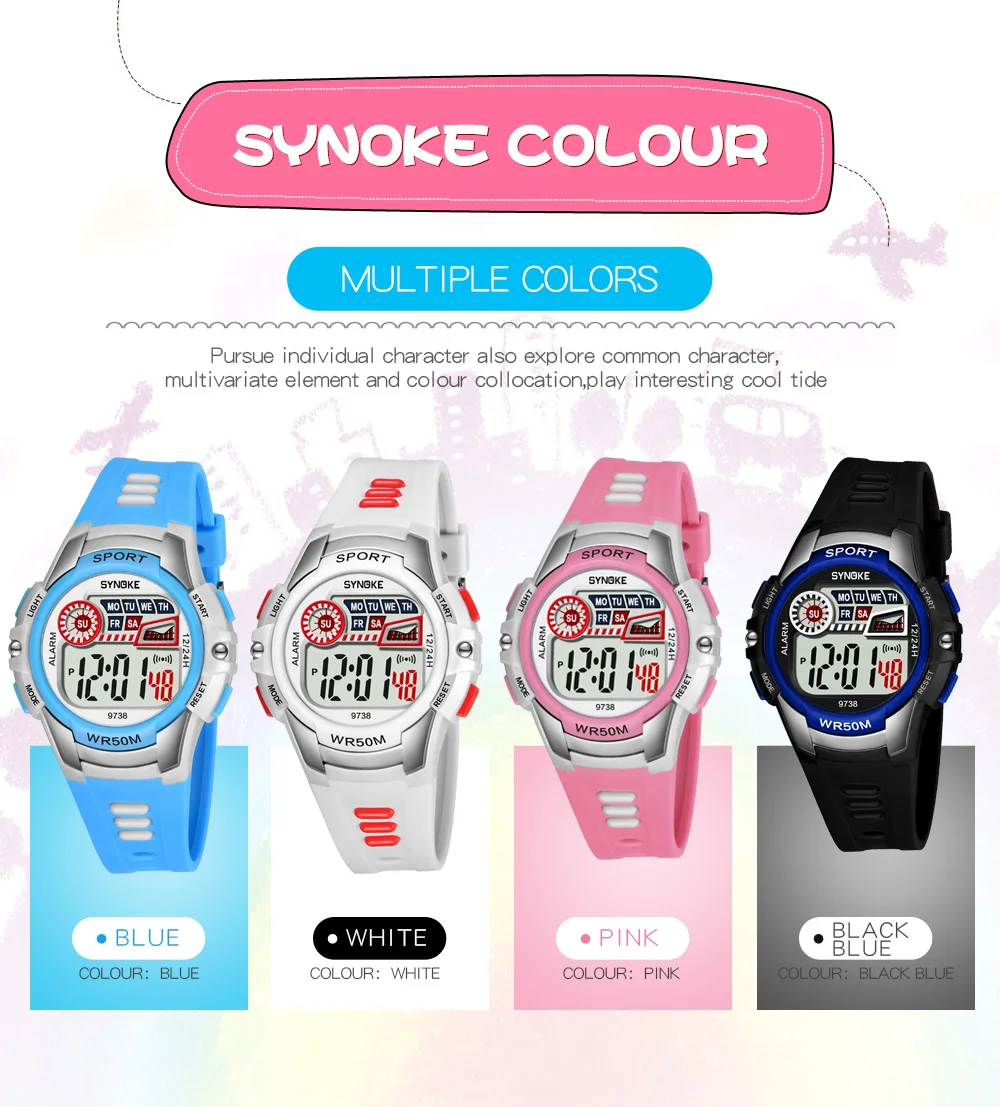 SYNOKE мальчики девочки дети водонепроницаемые часы подарки светодиодные цифровые светящиеся Спортивные часы Пластиковые Дата Будильник