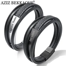 Азиз BEKKAOUI DIY черный браслет из натуральной кожи выгравированное имя браслеты из нержавеющей стали для мужчин многослойная веревочная цепь ювелирные изделия