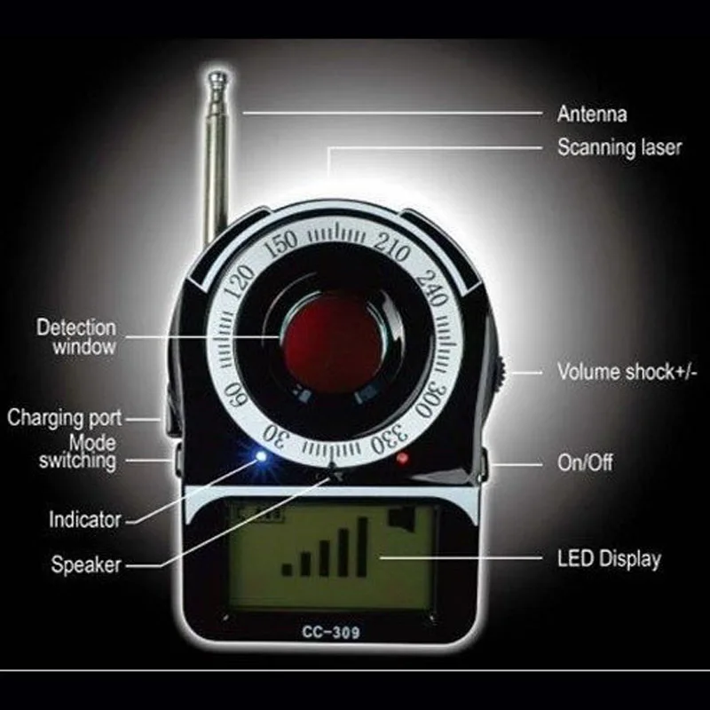 CC-309 Anti-Spy Full Band Signal Bug RF Detector Camera Laser Lens GSM Finder Portable Wireless Detector Anti Eavesdrop Monitor