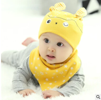 

2019 owl pocket spring hat bib set baby hat newborn cap set baby sleeping accessories
