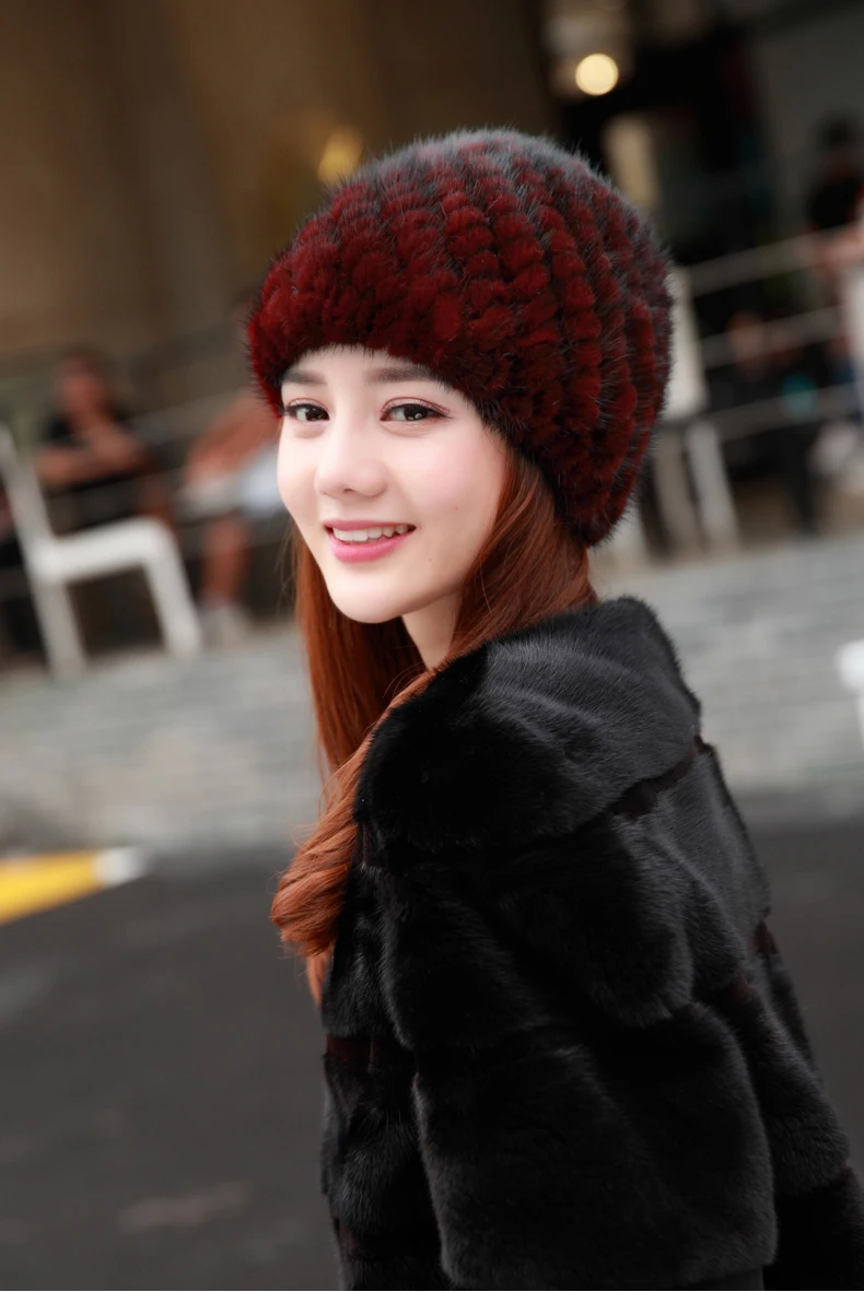 

Women Real Mink Fur Hat High Elastic Warm Knitted Ski Cap Winter