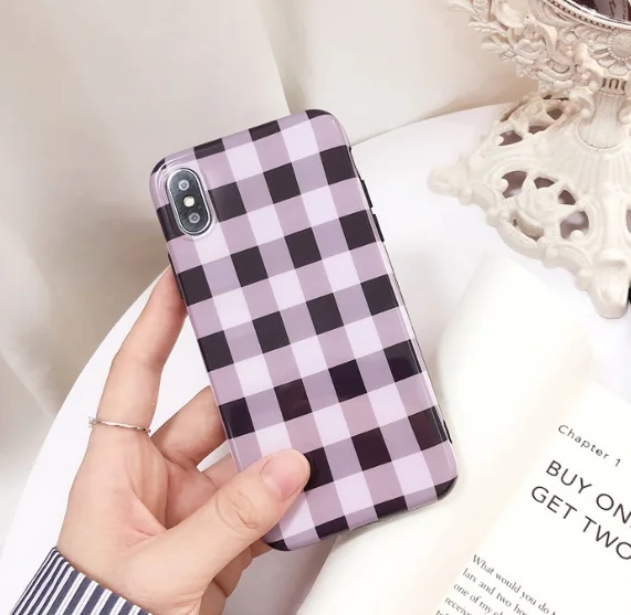 Gimfun Simple Purple Plaid Phone Case Gloss Pattered Soft Silicone for Iphone 6 6s 7 8 Plus X Full Prtotective Back Cover | Мобильные
