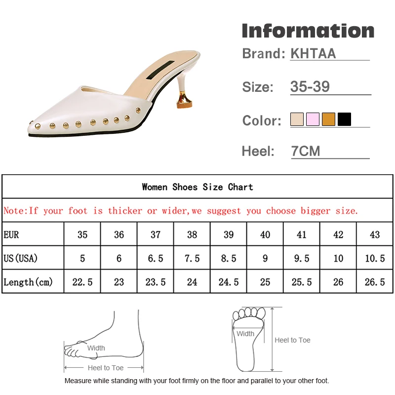 KHTAA/летние женские шлёпанцы с заклепками; однотонные сандалии с острым носком; повседневная кожаная обувь на тонком высоком каблуке; женская обувь