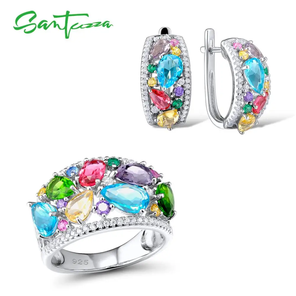

SANTUZZA Silver Jewelry Set For Women Multi-Color Stones White CZ Earrings Ring Set 925 Sterling Silver Party Fashion Jewelry