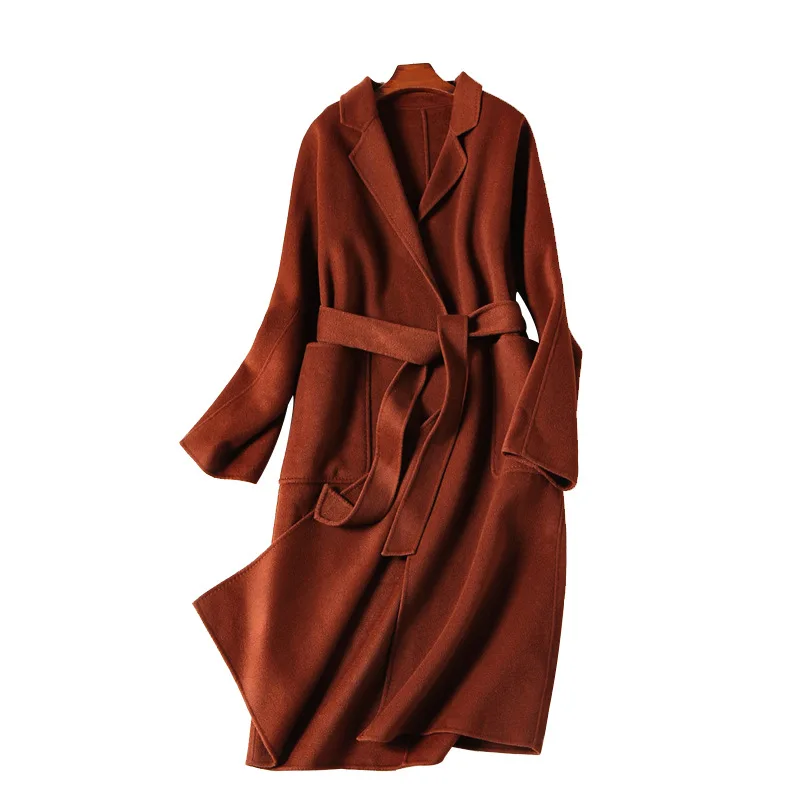 

New Winter High End Luxury Fashion Wool 100% Handmade Coat Elegant Women Double Faced Wool Long Coat with Belt