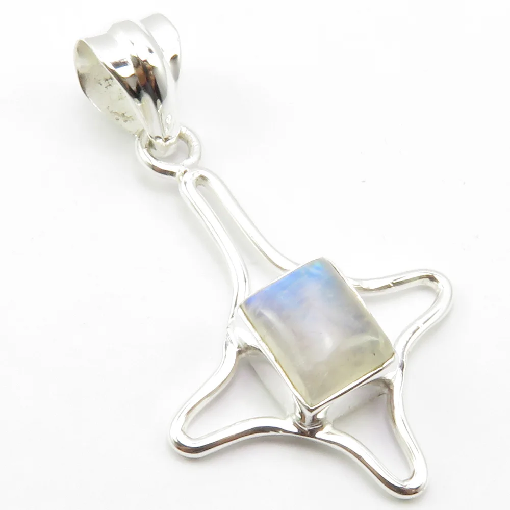 

India Unique Designed Silver Rainbow Moonstone Pendant for Necklace 1.5" Gems Jewelry