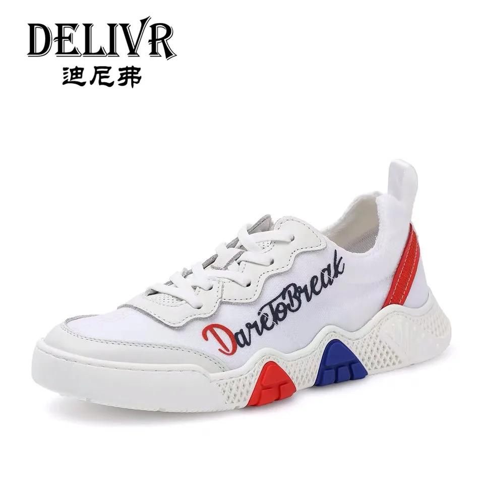 

DelivrSneakers Men's Summer Shoes 2019 Newest Fashion Low-Top Lace up Men Sneakers Flats Genuine Leather White Mens Sneakers