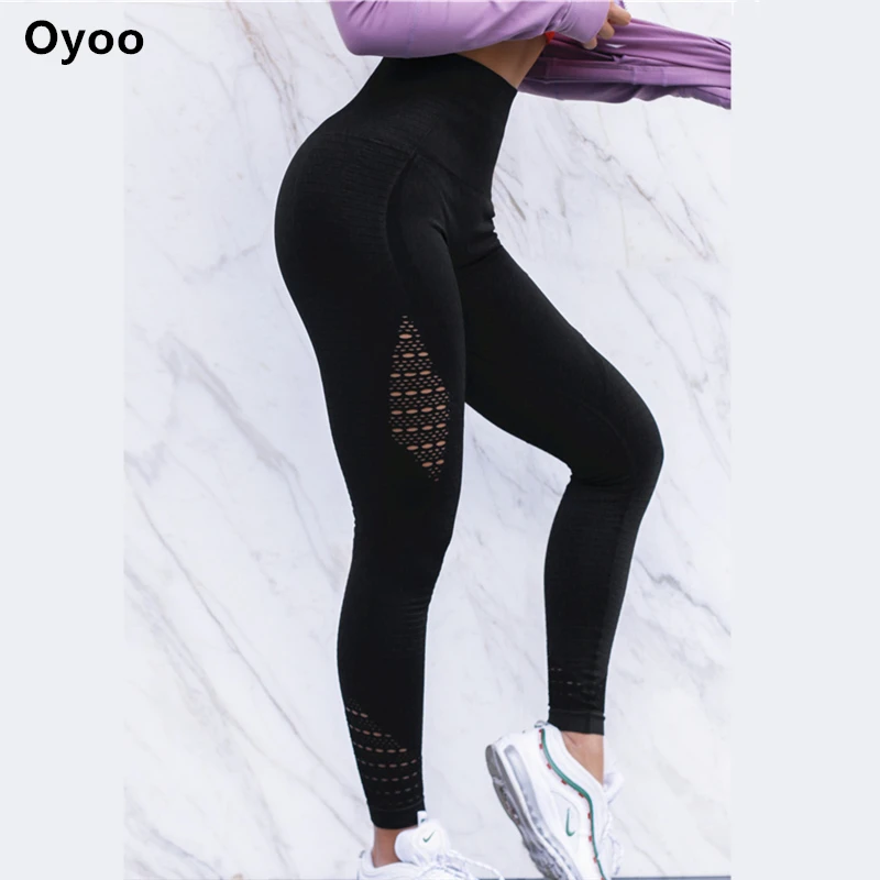 Goedkoop Oyoo super modellen chic twist compressie panty hoge kwaliteit sport leggings vrouwen wit mesh yoga broek fitness gym kleding