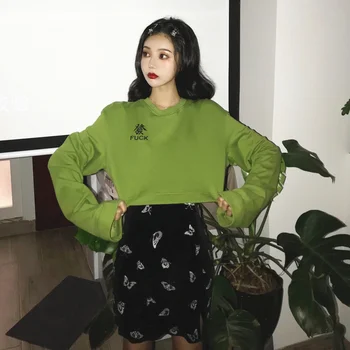 

Lychee Girls Letter Chinese Embroidered Women Short Pullover Round Neck Long Sleeve Female Pullovers Spring Autumn Sweet Tee Top