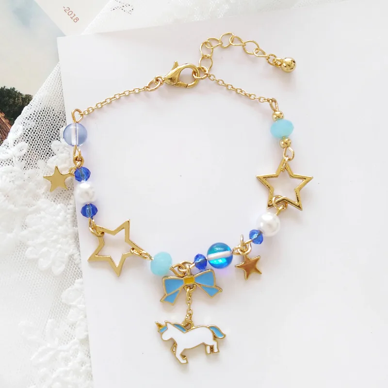 Japan Unicorn Bowknot With Beads Moon Star Crystal Bracelet -Unicorn Fashion HTB1UTE XznuK1RkSmFPq6AuzFXaP