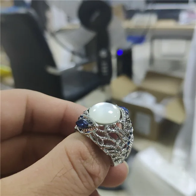 Ring Изысканное кольцо с большим белым лунным камнем, винтажное выдалбливающее яркое серебряное кольцо с кристаллами для женщин, подарок, обручальное ювелирное изделие Anel L5N946 - Цвет основного камня: Ring