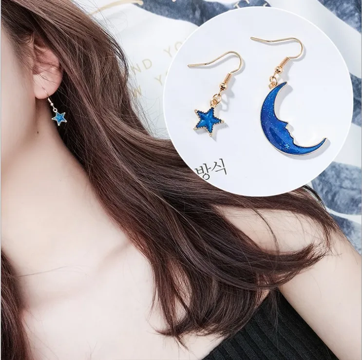 Японская и корейская мода голубая космическая Вселенная Звезда Луна Серьги планета асимметричные серьги женская серьга рождественские подарки