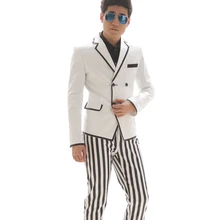 Куртки+ брюки) Плюс Размер Мужские костюмы Тонкий под заказ смокинг черная полоса Мода Мужской певица платье белый блейзер