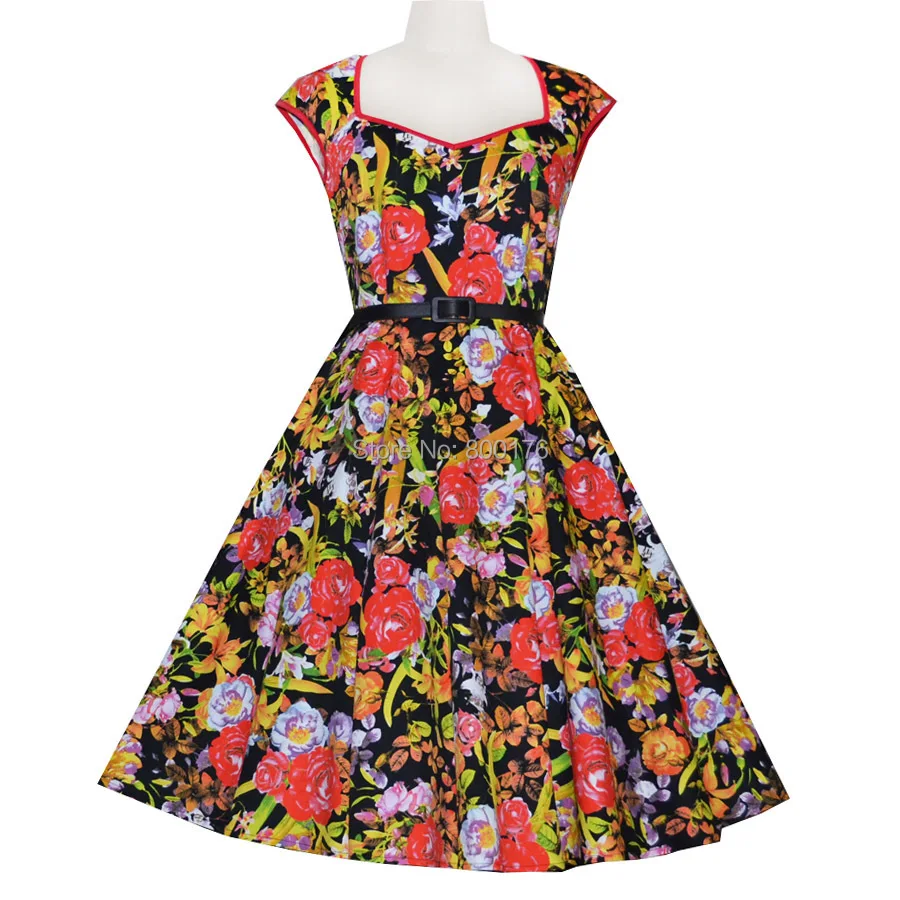Free shipping 2015 50s Rockabilly Vintage Dress Retro Swing Red Print Sexy Prom Party Causal Women