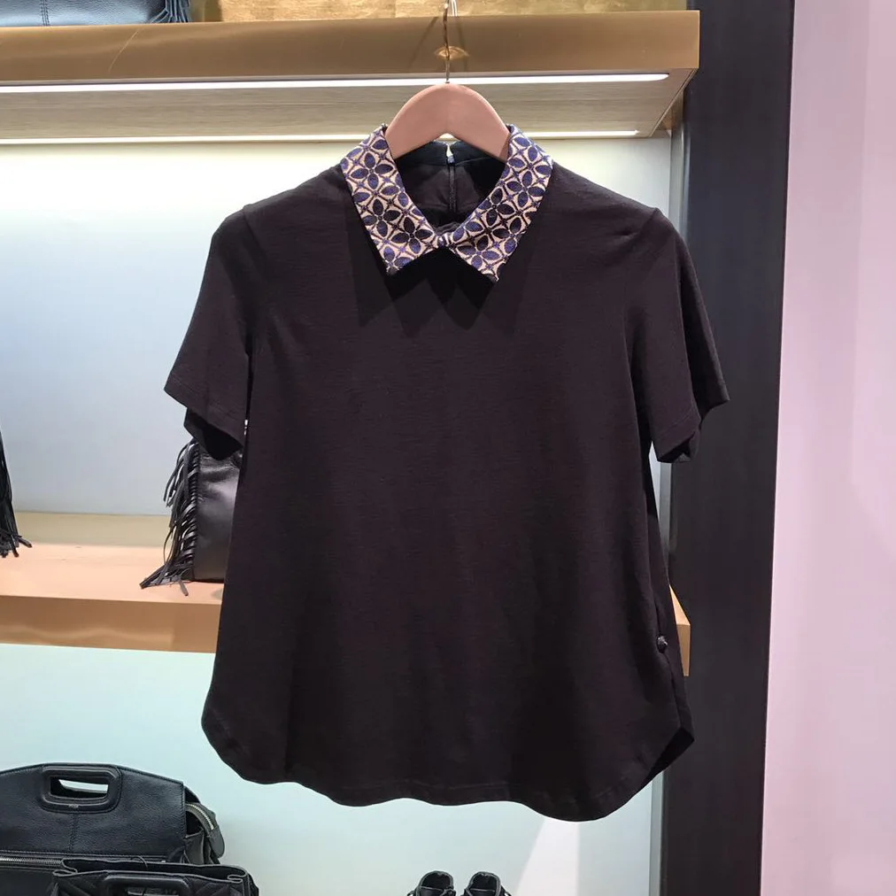 

2019 Spring New Cotton Printed Shirts Collar Pure Color Women's Knitted Shirts Turn-down Collar Broadcloth Women Clothing Shirt