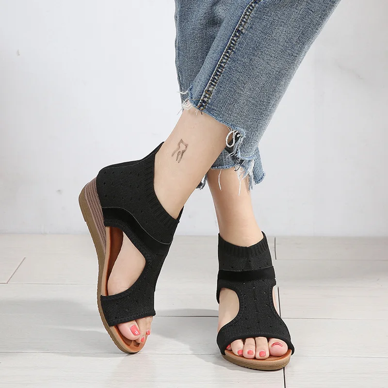 

Yu Kube 2019 Summer Shoes Womens Cut Out Open Toe Low Platform Elastic High Heel Wedge Sandals Woman Gladiator Sandalias Shoes