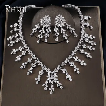 

RAKOL Luxury Leaf Wedding Necklace Set AAA Cubic Zircon Bridal Jewelry Sets,Promotion,Nickel Free, Factory Price