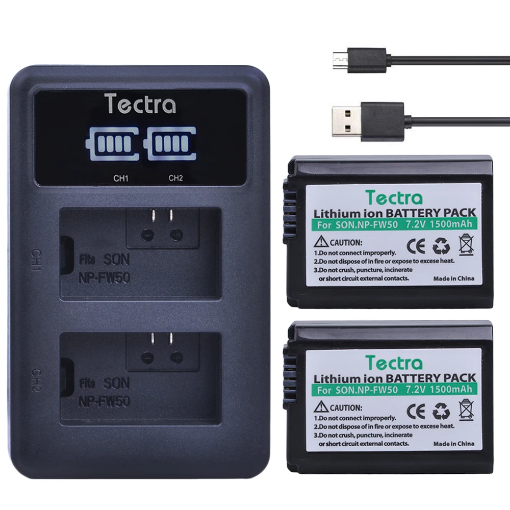 Tectra 2 шт. NP-FW50 NPFW50 батарея+ светодиодный дисплей USB двойное зарядное устройство для sony Alpha a5000 a6000 Alpha 7 a7II Alpha 7R NP FW50 батарея