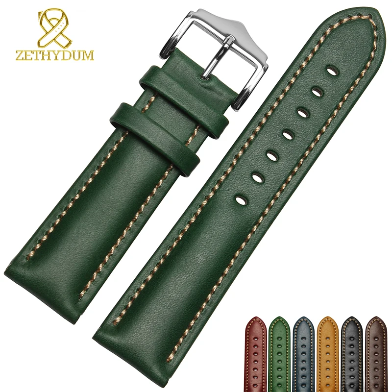 Billige Aus echtem leder armband handarbeit armband 18 20mm 22mm uhr band grün blau farbe armbanduhr armband armbanduhren großhandel