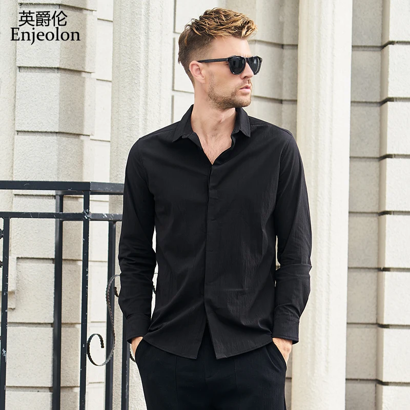 

Enjeolon brand camisa masculina Men solid shirts Blouse cotton Long Sleeve shirts Base casual Shirt Men 3XL Clothes CX2367