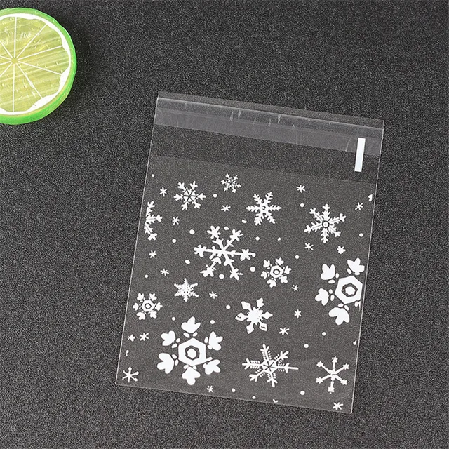 Bolsa de plástico autoadhesiva transparente con copos de nieve para dulces, bolsa de regalo para bodas, aperitivos, galletas, hornear, autoadhesiva, 100 piezas - Imagen 3