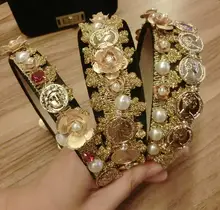 2016 Brand Vintage Baroque Gold Flower Pearl Rhinestone hair bands Lace Metal Coins Portrait Wild Headband Women Hair Jewelry