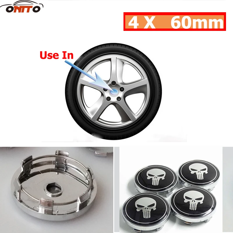 

4PC X 60mm Alloy Black The Punisher Skull Face Car Center Caps Badge Auto Car Wheel Hub Caps car styling