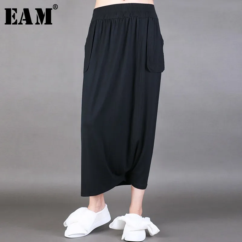 

[EAM] 2019 New Spring Summer High Elastic Waist Black Perosonality Wide Leg Loose Pants Women Trousers Fashion Tide JL919