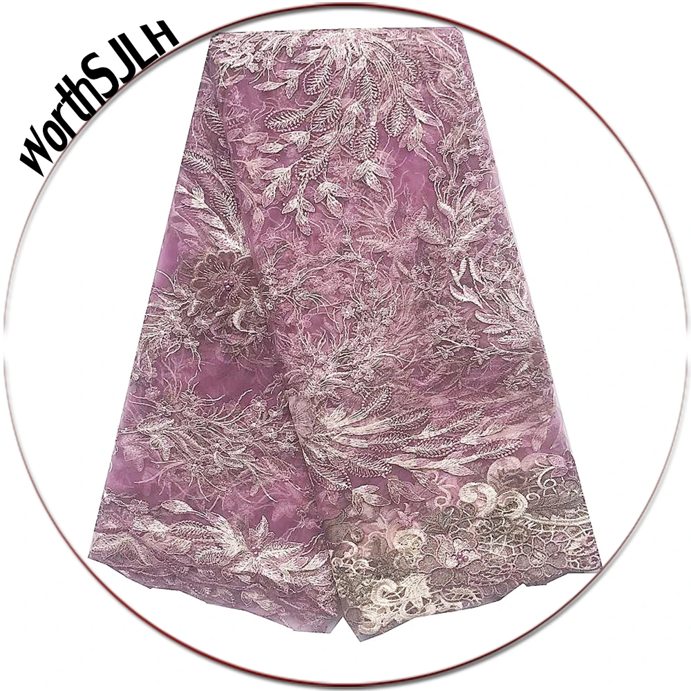 

Luxury Nigerian Lace Fabric 2019 High Quality African Wedding 3D Lace Fabric Lilac Magenta French Velvet Africa Lace Fabric