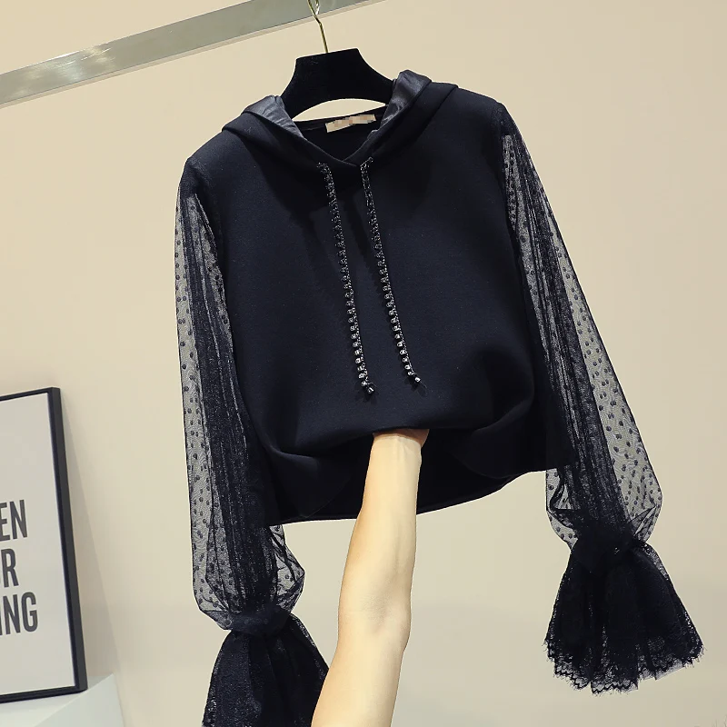 

New Loose Hat Shirt for Women Spring Autumn Point Embroidery Hollow-out Horn Sleeve Crop Top Girls Ladies Sweatshirt Students