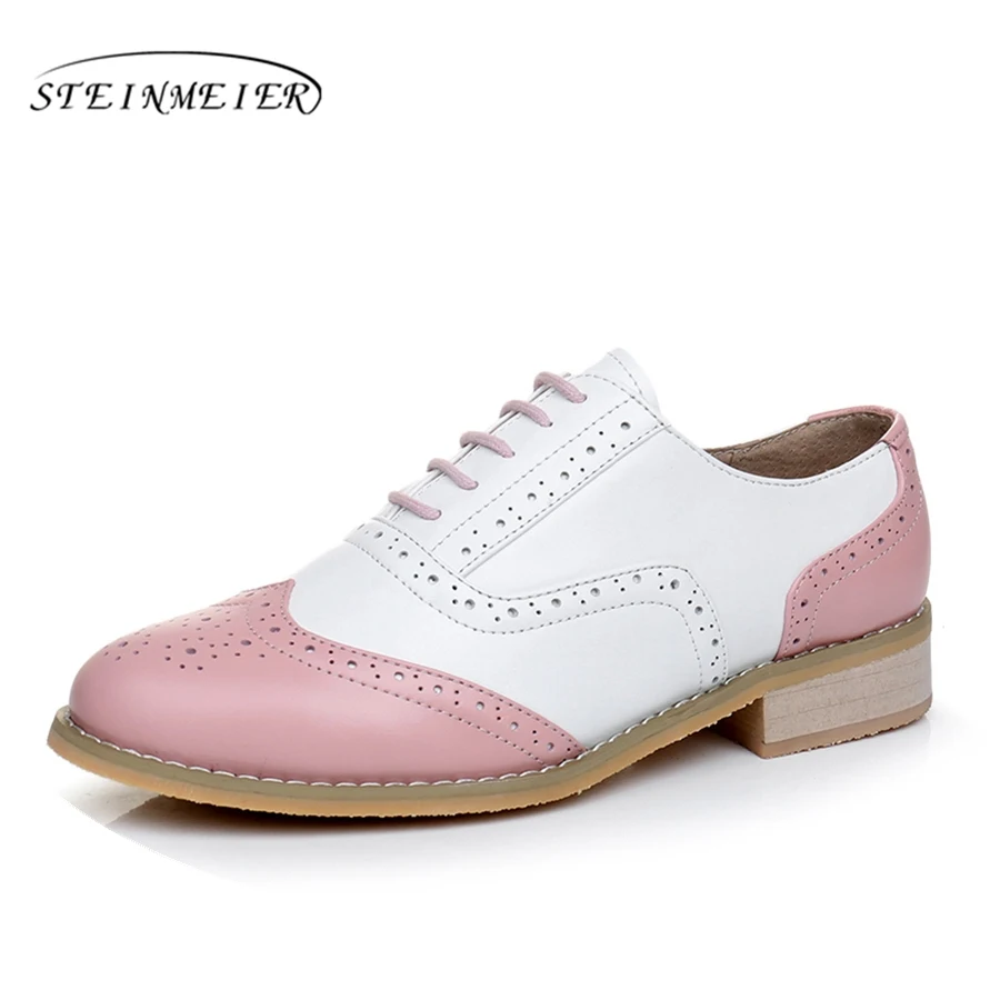 Женская обувь из натуральной кожи, большой американский размер 11, дизайнерские винтажные туфли на плоской подошве, ручная работа, белые, розовые,, женские туфли-оксфорды с мехом - Цвет: White Pink