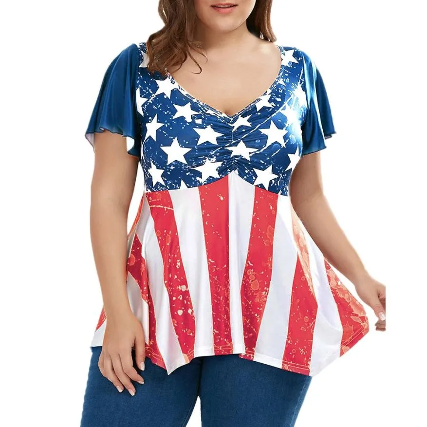 V Neck Women Plus Size 3XL 4XL Patriotic American Flag Printed Ruched ...