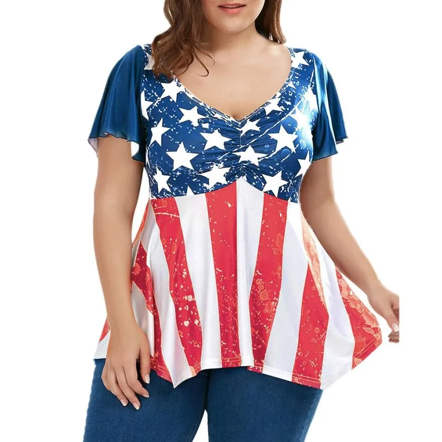 V Neck Women Plus Size 3XL 4XL Patriotic American Flag Printed Ruched Short Sleeved Blouse Tops