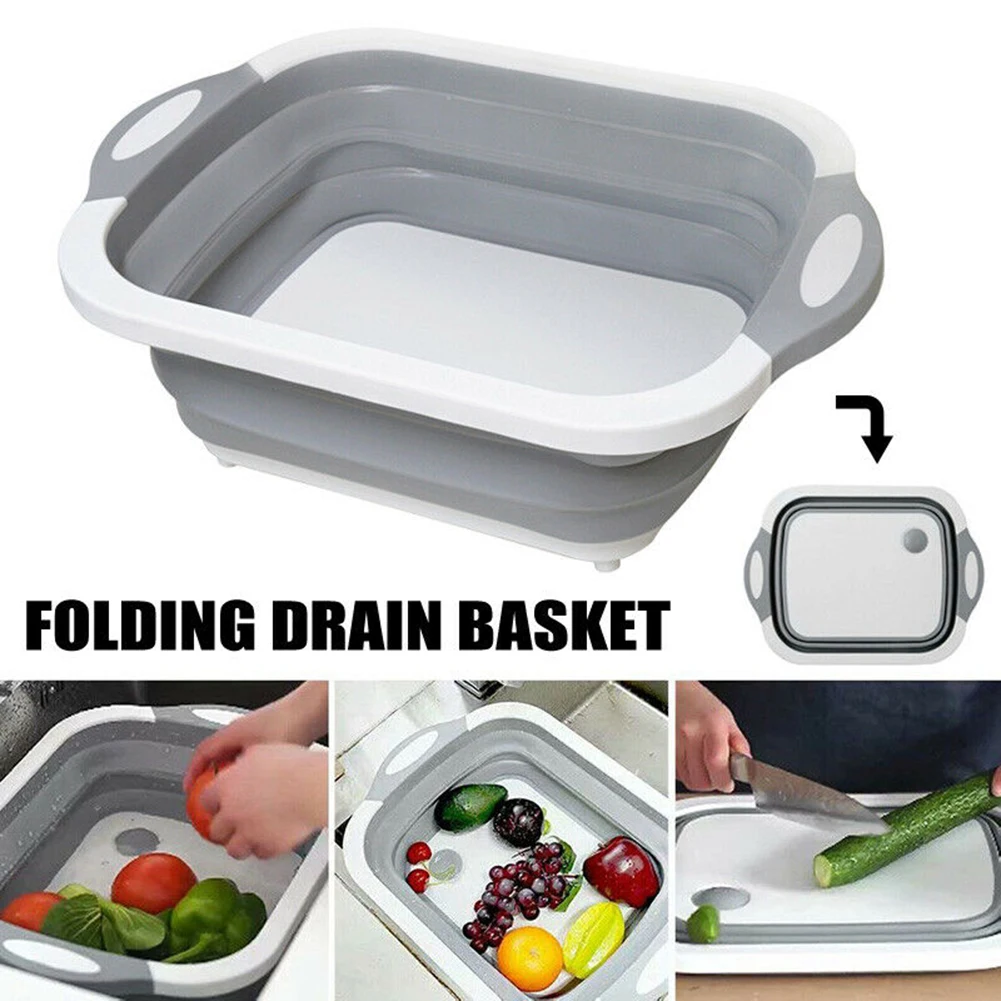 

4 IN 1 Folding Cutting Board Basket Collapsible Dish Tub with Draining Plug Colander Fruits Vegetables Wash Drain Sink Storage