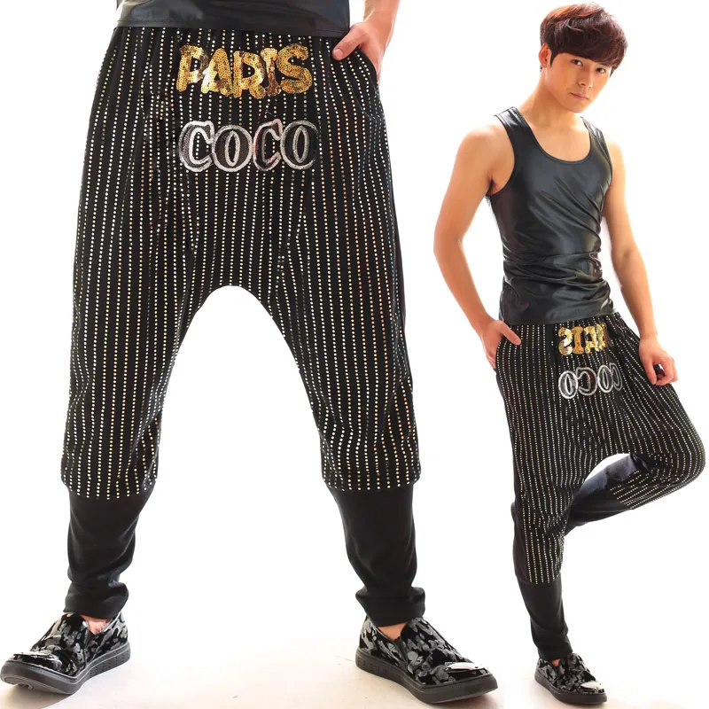

Nightclub Male singer DJ gd Hanging Crotch Pants Hip-hop Gold Paillette Harem Pants Show stage performance trousers