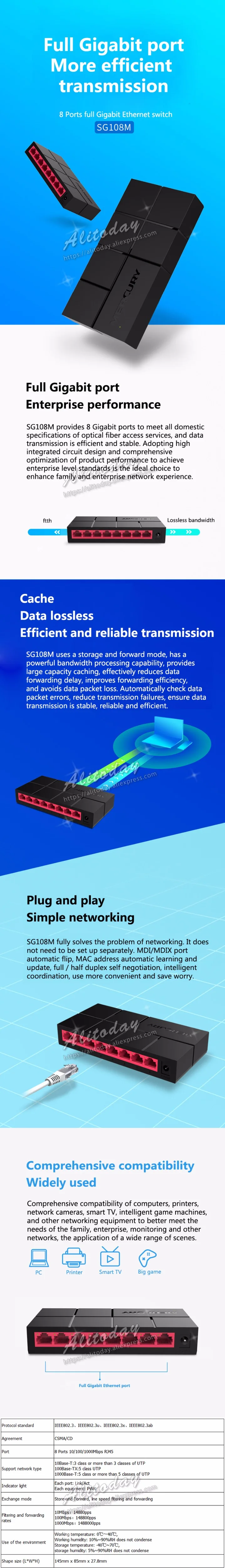 Mercury гигабитный коммутатор 8 портов сетевой коммутатор хаб настольное переключатель для быстрой работы в сети этернет на полный или полудуплекс обмена(SG108M