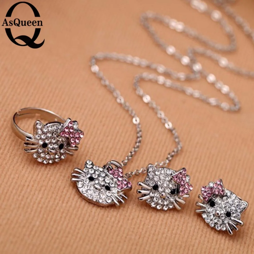 Hot-Sale-Gift-Free-shipping-Crystal-Silver-Color-Women-Jewelry-Sets-Bow-Cat-Pendant-Necklace-Earrings (1)