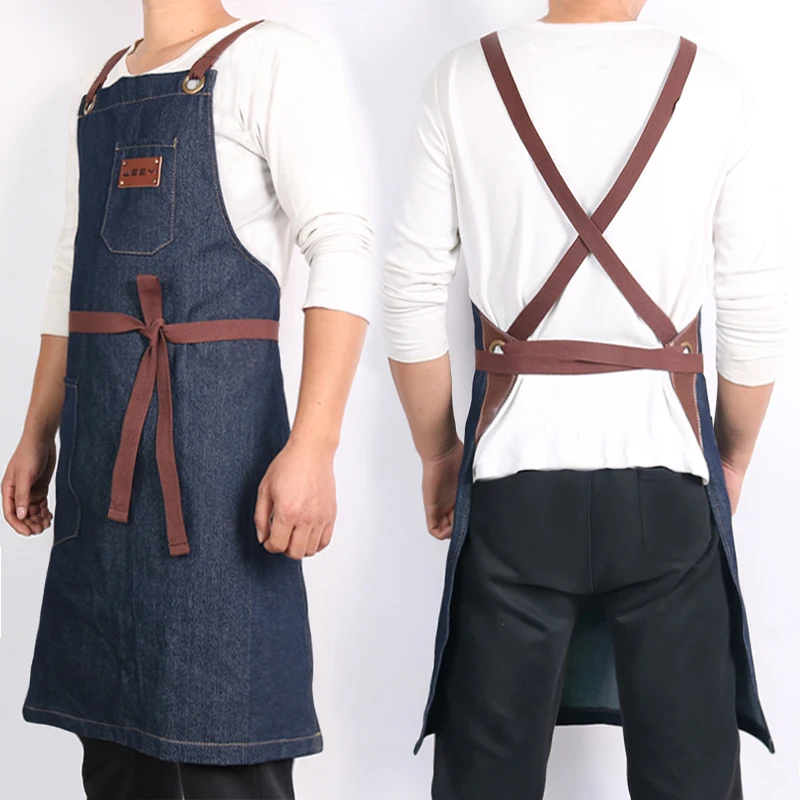 WEEYI Denim Kitchen Cooking Apron w/Adjustable Cotton Strap Large Pockets Blue фартук кухонный Barista Men and Women Homewear