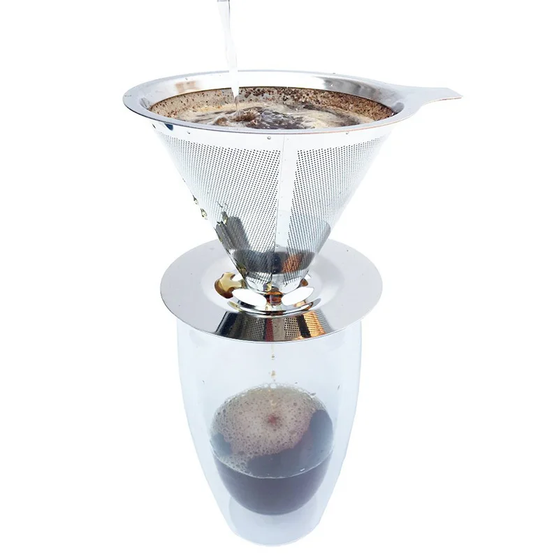 Online Edelstahl Kegel Wiederverwendbare Kaffeefilter Körbe Mesh Sieb Gießen Über Kaffee Tropf Mit Ständer Halter