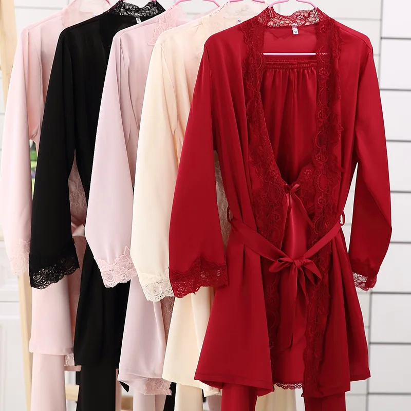 Женский сексуальный Шелковый Атласный пижамный комплект, кружевная Пижама, модная Домашняя одежда, v-образная Пижама, банный халат+ топ+ штаны, комплект из 3 предметов для женщин