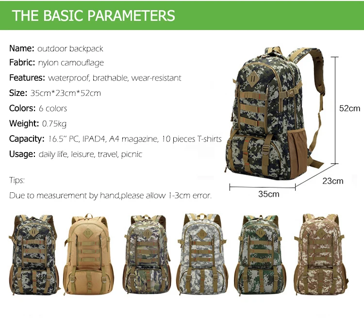 50L Outdoor Waterproof Molle Tactical Bag Army Military Backpack Mountaineering Rucksack Hunting Fishing Backpack Sports Bag