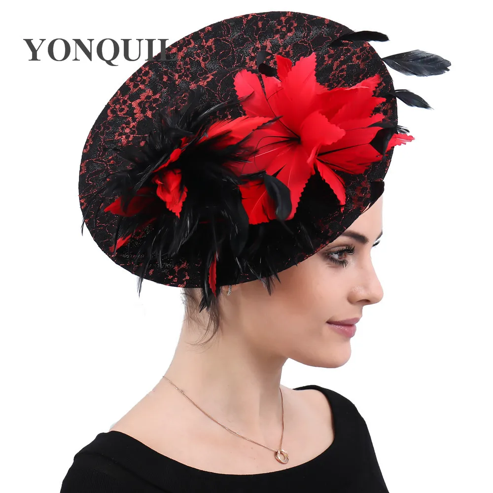 

Black Kentucky Derby Fascinator Hat For Women red feather Flower Sinamay Hats Wedding Party Cocktail Headwear Female Headbands