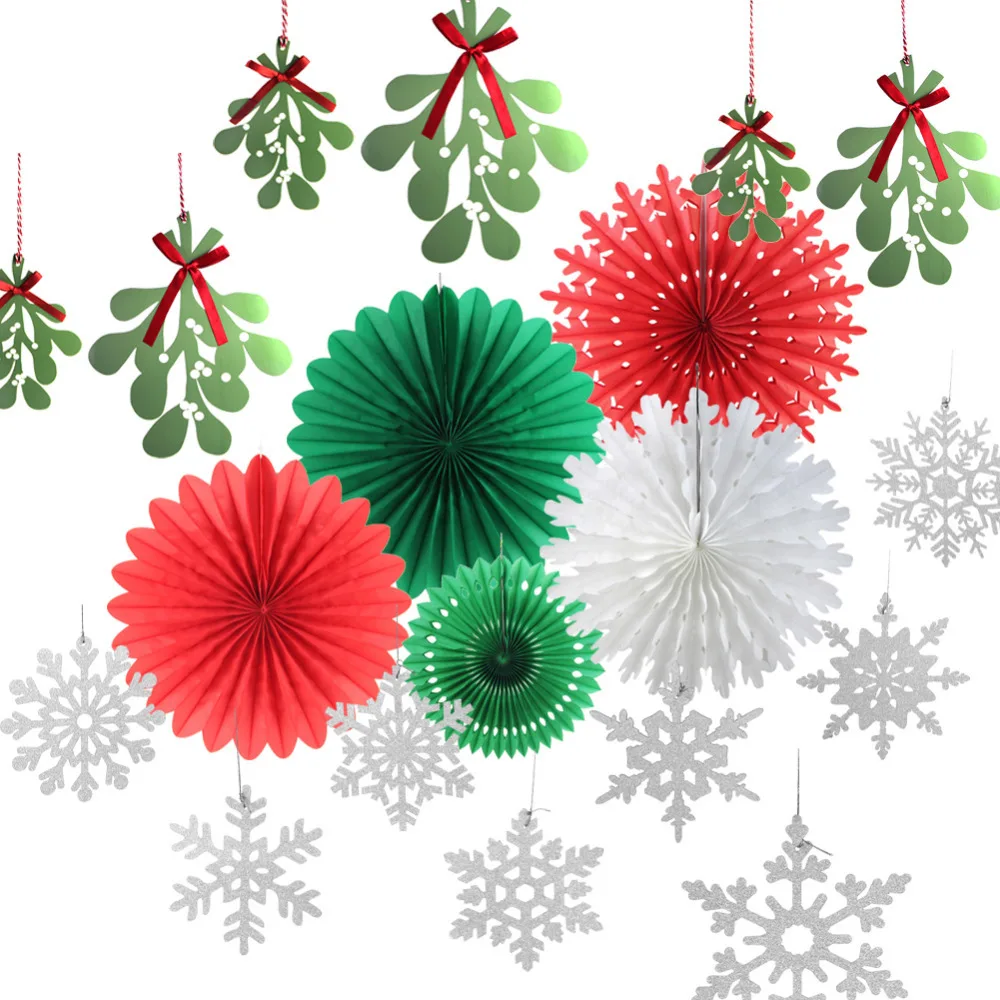 

14pcs Christmas Paper Decoration Kit Snowflakes Mistletoe Garland Snowflake Cut-out Paper Fans Xmas Paper Crafts Hanging Decor