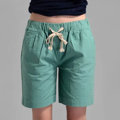 Летние женские шорты модные повседневные льняные шорты с эластичным поясом и карманами - Цвет: Бирюзовый