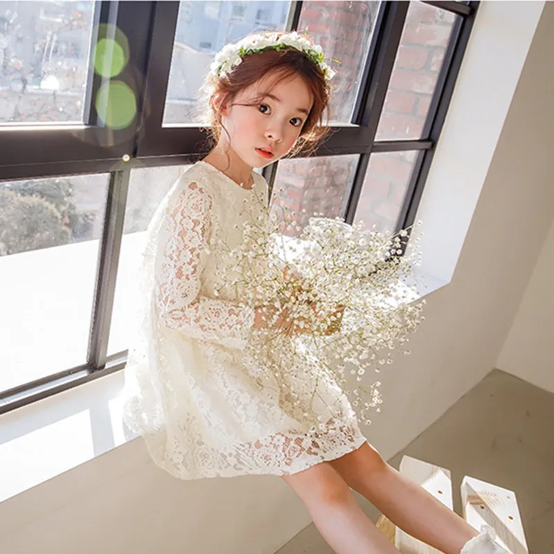 

DFXD Toddler Girls Soild Beige Long Sleeve Full Lace Princess Dress Korean Girls Spring Autumn Birthday Party Dress For 2-12Year