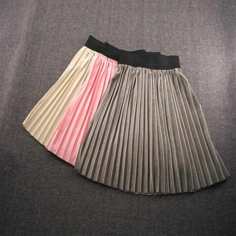 

Fashion Velvet Pleated Baby Girl Skirts Knee-long Kid Child Casual Smooth Skirts Soild Elastic Pleated Tutu Skirt 3-5Y