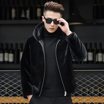 

Q6 New Fashion Autumn and Winter Clothing 10% Mnik Fur Coat Short-style Hooded Zipper Overcoat Men's Fur Coat