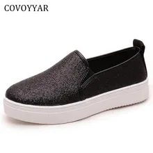 COVOYYAR/ г.; Весенняя модная женская обувь с блестками на плоской подошве; повседневные однотонные Лоферы без застежки с круглым носком; Цвет черный, серебристый; WFS127
