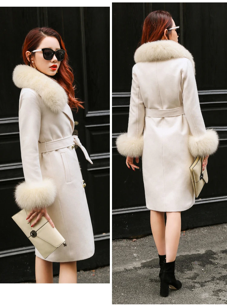 Rf0165B шерстяное пальто с воротником из натурального Лисьего меха, с длинными рукавами, ручная работа, флисовое пальто, длинное женское шерстяное пальто черного, белого цвета