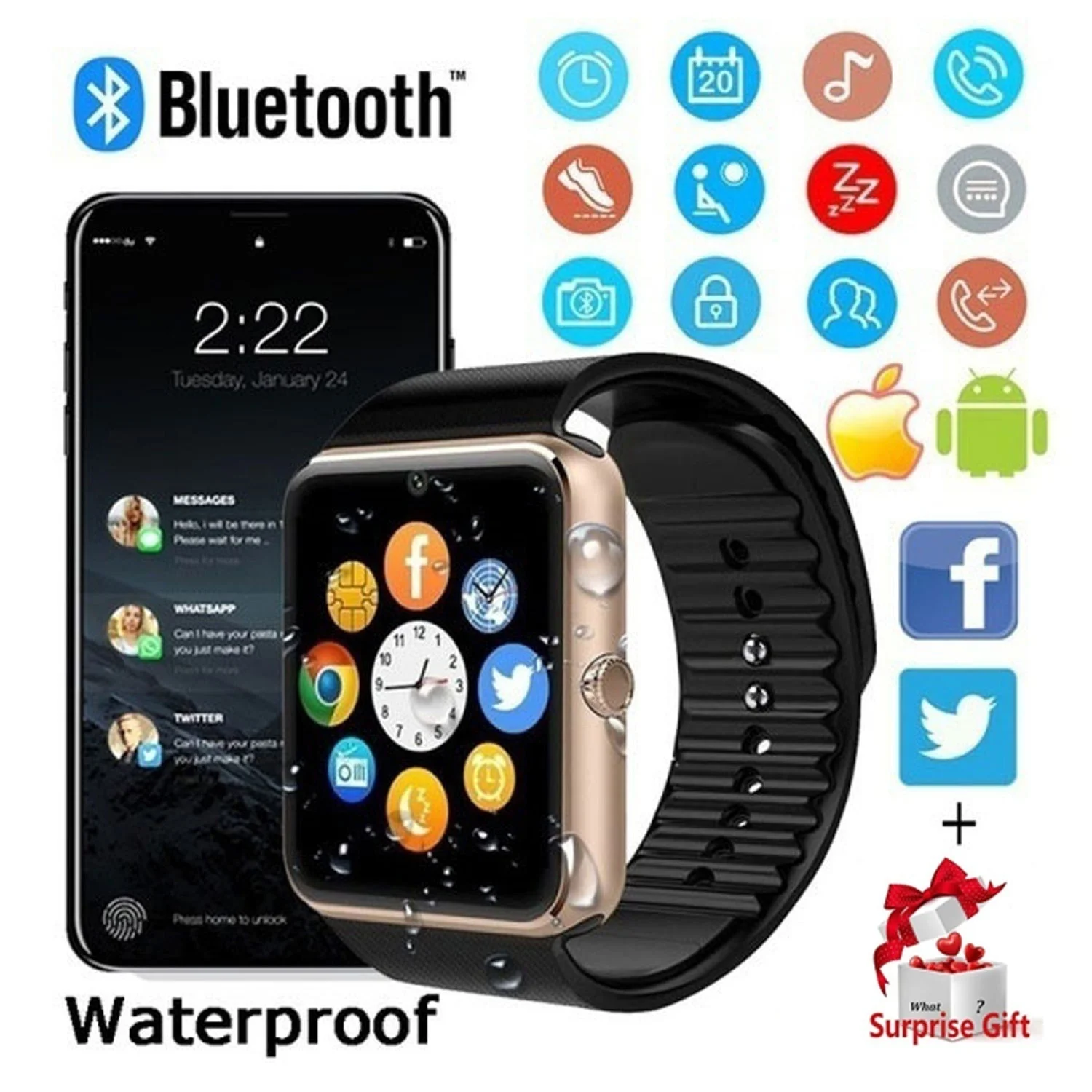 Bluetooth Смарт часы для мужчин GT08 с сенсорный экран большой батарея поддержка TF Sim